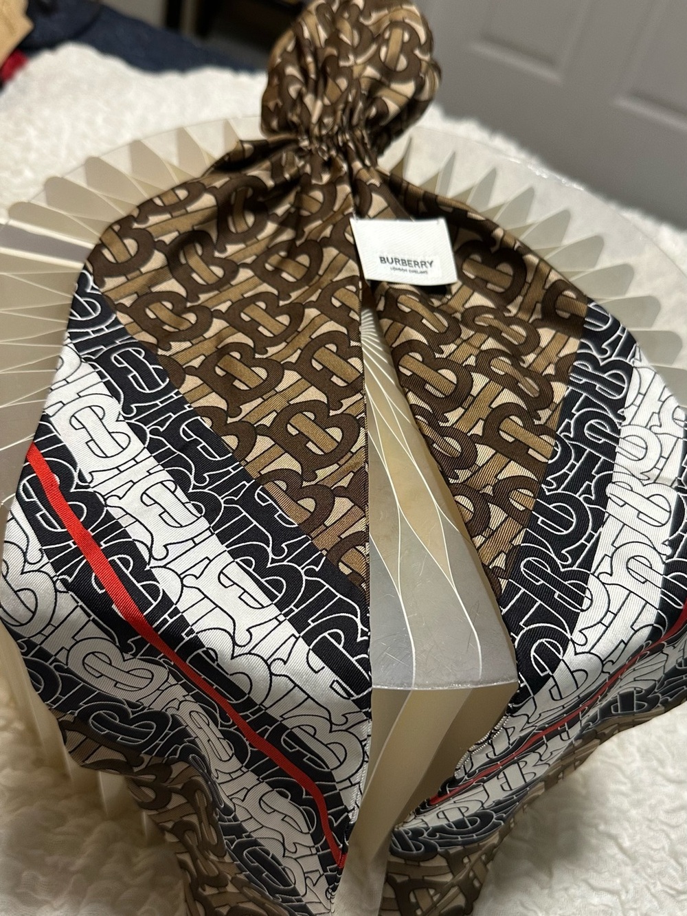 Burberry TB Monogram Silk Scarf in Brown, Black, White with Red Accent